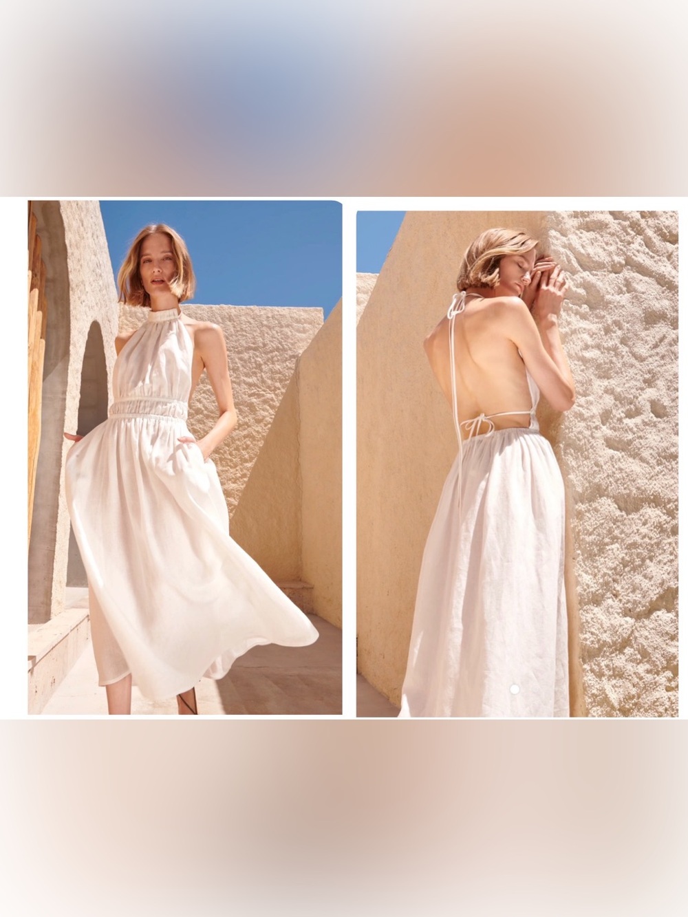 Piece Of White Guiliana Ooen Back Halter Linen Midi Dress Size M